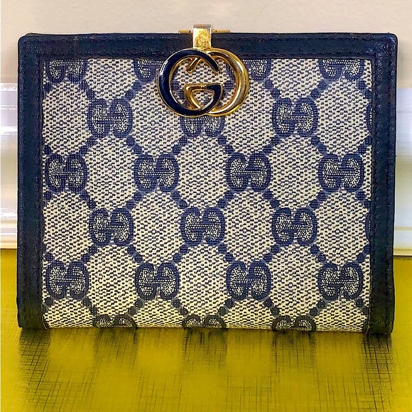 GUCCI GG Monogram Navy Blue Leather Coated Canvas Compact Bifold Wallet Vintage - Picture 1 of 17